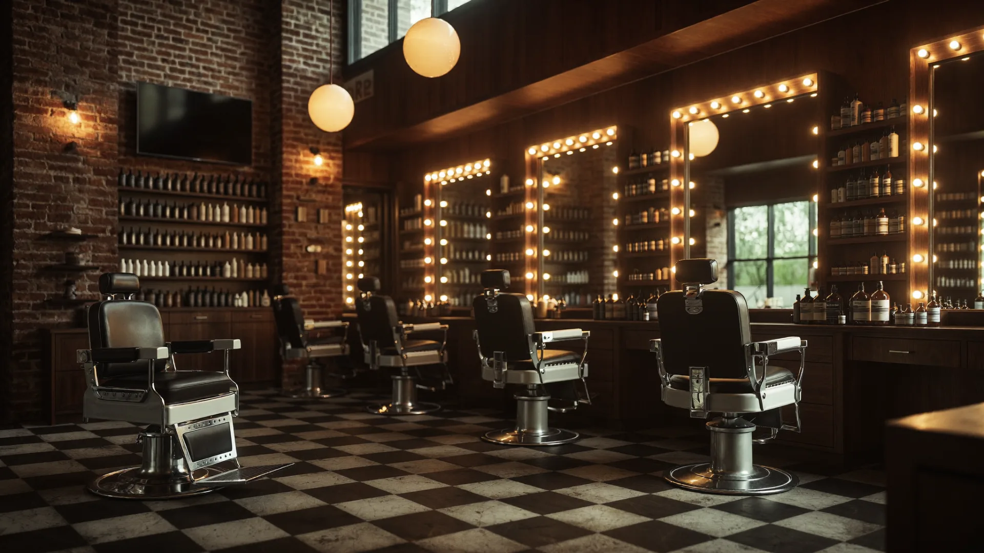 Barbershop interior with barber chairs and mirrors